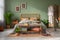 Stylish bedroom interior design with mock up poster frame, bamboo bed, night table, plants, folding screen and creative home