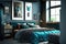 Stylish bedroom interior in trendy blue