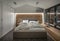 Stylish bedroom in modern style with luminous lamps