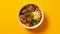 Stylish Beef Noodle Soup Photography On Yellow Background