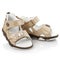 Stylish beige baby sandals for girl on white background.