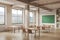 Stylish beige classroom interior with desk in row and shelf near window