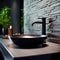 Stylish black marble vessel round sink and faucet on stone countertop. Interior design of modern bathroom. Created with generative