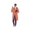 Stylish black skin man wearing casual coat and looking at cell phone. Male faceless character in autumn or spring