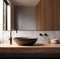 Stylish black vessel sink and faucet on wooden countertop. Interior design of modern bathroom. Created with generative AI