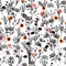 Stylish blalck and white silhouette of  Hand drawn meadow Floral with spot of red and orange blooming flowers pattern. Seamless