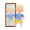 Stylish Blond Boy Fitting Fashion Pair of Shorts with Price Tag in Front of the Mirror in Shopping Mall Vector