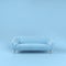 Stylish blue fabric sofa with wooden legs on blue background with shadow. Fashionable comfortable single piece of