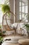 The stylish boho composition with changing swing, window, commode and wooden bench. Beige carpet with brown slippers. White wall.