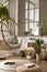 The stylish boho composition with changing swing, window, commode and wooden bench. Beige carpet with brown slippers. White wall.