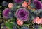 Stylish bouquet of lilac brassica cabbage, pink roses, eryngium plants, eucalyptus view from the top.