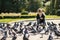 Stylish boy  in the park feeds pigeons. There are a lot of birds. Baby happy feed hungry pigeons