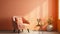 Stylish bright interior of a fashionable Apricot Crush room in peach-orange color with beautiful sunlight. Design of a
