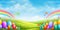 stylish bright multicolored Easter banner with brightly colored eggs on a gradient background of the sky with a rainbow, with a