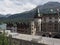 Stylish building in european St. Moritz city center in Switzerland at alpine landscape