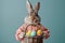 stylish bunny wearing sports suit holding eggs basket, standing against plan background, Easter eggs in a basket with a bunny