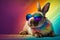 A stylish bunny wearing sunglasses against a vibrant background. Generative AI