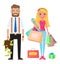 Stylish businessmen and cute young girl. A woman holding a lot of gifts and purchases in bags