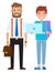 Stylish businessmen and tneenager. Boy holding opened laptop, man with briefcase