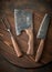 Stylish Butcher`s Set: cleaver, knife and fork. Top view