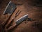 Stylish Butcher`s Set: cleaver, knife and fork. Top view