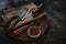 Stylish Butcher`s Set: cleaver, knife and fork. Top view