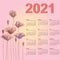 Stylish calendar with flowers for 2021 Week starts on Sunday