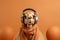 Stylish camel donning wireless headphones on simple background with space for text