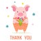 Stylish card or banner with a cute cartoon pig and bouquet of flowers. Funny vector illustration with text.