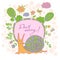 Stylish cartoon card made of cute flowers, doodled snail, trees, butterfly and bird in bright colors in vector.
