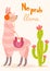 Stylish cartoon lama with cactus. Vector card.