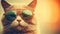 Stylish cat posing in sunglasses. Close portrait of furry kitty in fashion style. Generative AI illustration. Printable design for