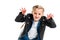 Stylish child with pigtails wearing leather jacket doing scaring gesture