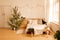 Stylish Christmas interior , bedroom with a lot of lights. Comfort home. Christmas decorated room in loft style