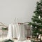 Stylish Christmas interior with a small round table, a Christmas tree and gifts around, 3d render