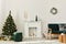 Stylish christmas living room interior with green sofa, white chimney, christmas tree and wreath, gifts and decoration.