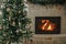 Stylish christmas tree against burning fireplace. Beautiful decorated christmas tree with vintage baubles and ribbons on