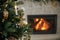 Stylish christmas tree against burning fireplace. Beautiful decorated christmas tree with vintage baubles and ribbons on