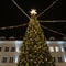 Stylish Christmas tree with golden lights and illuminated star on top