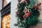 Stylish christmas wreath with red berries,ornaments, pine cones, branches on building in european city street. Festive decoration