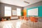 stylish classroom with minimalist design, whiteboard and bright accent colors
