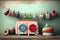 stylish clothesline with colorful and quirky laundry, against retro background