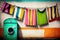 stylish clothesline with colorful and quirky laundry, against retro background