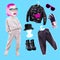 Stylish collage scene. Fashion Happy Comic Girl character chooses winter look. Ideal for fashion bloggers, Social networks, shop