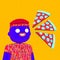 Stylish collage scene. Funny 3d Boy character dreaming about good pizza. Food delivery concept, online shop, delivery apps