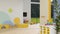 Stylish colourful kindergarten nursery or kid playroom interior with kid toys