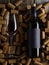 Stylish composition. Bottle of red wine on corks and wine glass. Close-up. Winemaking, wine cellar, collectible wines, celebration