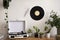 The stylish composition of cosy entryway with gramophone, bench with plants and personal accessories. Beige wall. Home decor.