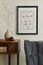 Stylish composition of creative living room interior with mock up poster frame, wooden commode, grey chair, dry banch in vase.