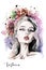 Stylish composition with hand drawn beautiful young woman portrait, flowers and watercolor blots. Fashion illustration.